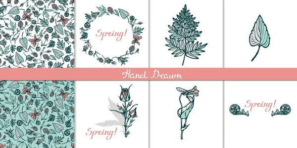 Yabani bitki kartlarla ayarlayın. Çelenk, seamless modeli, harfler izole nesneleri. Bahar Tebrikler. Fern, cloudberries, Geum Rivale, bluebells, menekşeler. Elle çizilmiş. Vektör çizim.
