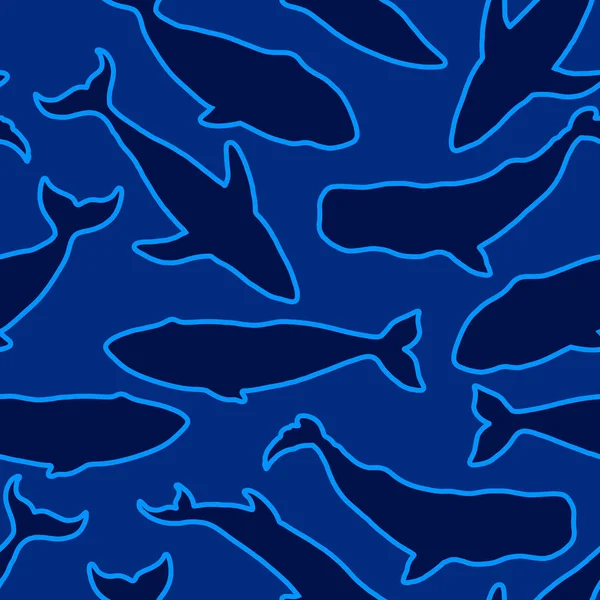 Naadloze patroon met gloeiende silhouetten van katten. Achtergrond met een groep van verschillende soorten walvissen. — Stockvector