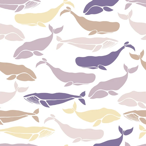 Naadloze patroon met walvissen. Groenlandse walvissen, de potvis, de blauwe vinvis. Silhouetten van zeezoogdieren. — Stockvector