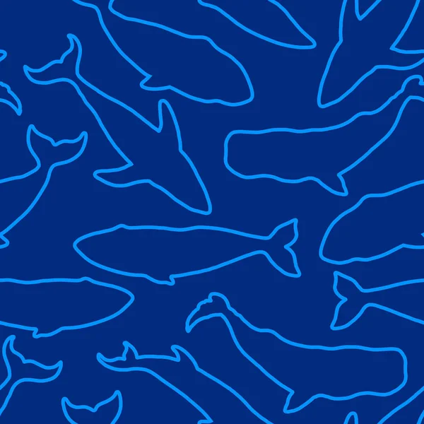 Naadloze patroon met een groep van verschillende soorten walvissen. Achtergrond met lineaire walvissen. Silhouet van het uitvoeren van lineaire. — Stockvector