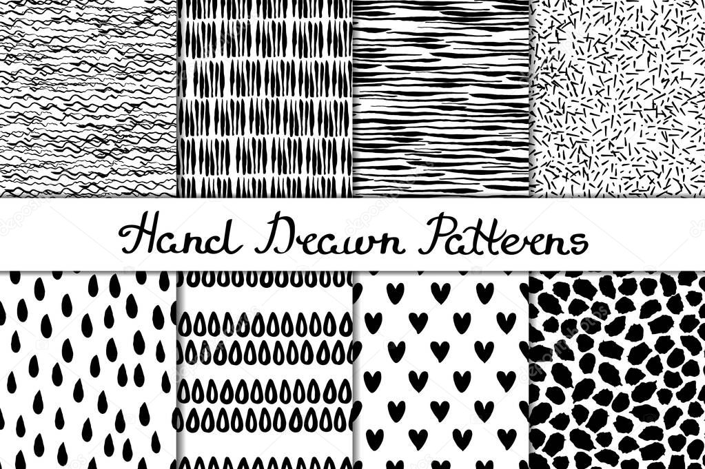 Set of 8 seamless texture. Wave strip prints drops heart spots. Abstract forms drawn a wide pen and ink. Backgrounds in black and white. Hand drawn. Vector illustration.