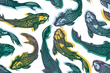 Cyprinus carpio haematopterus. Koi sazan balık ile Seamless modeli. Su birikintisi. Çin stili arka planda. Elle çizilmiş. Vektör çizim.
