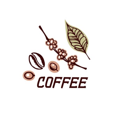 Tahıl ve kahve meyveleri ile etiketleyin. Yaprak ve dal bush kahve. Yazı. Elle çizilmiş. Vektör çizim.