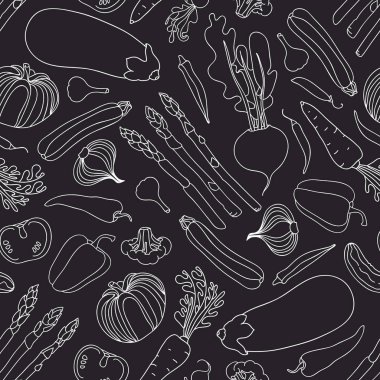 Sebze ile Seamless modeli. Vejetaryen Menü. Patlıcan, domates, şeker pancarı, bezelye, biber, kabak, turp, salatalık, brokoli, sarımsak, soğan, havuç, bamya, kuşkonmaz. Vektör çizim.