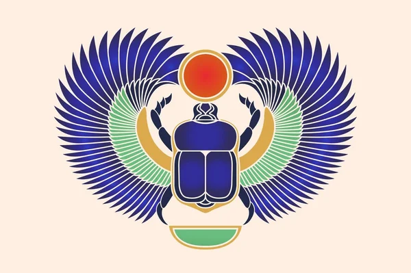 Жук скарабей з крилами, сонце і півмісяць. Культури Стародавнього Єгипту. Бог Khepri вранці сонце світанку. Емблема, логотип. Об'єкт ізольовані на білому тлі. Векторні ілюстрації. — стоковий вектор