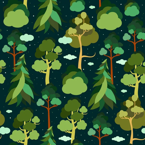 Dia da Terra. Padrão sem costura com árvores e nuvens no fundo do céu estrelado. Pinheiro, abeto, tília, bétula. Ecologia. Ilustração vetorial . — Vetor de Stock