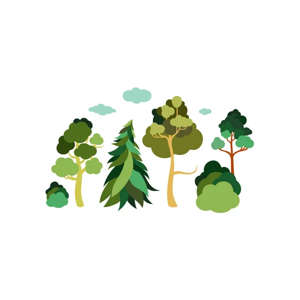 De dag van de aarde. Bos. Een aantal bomen. Vuren, grenen, linden, berk, struiken. Vector plat ontwerp. — Stockvector