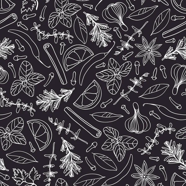 Baharat ve otlar ile Seamless modeli. Limon, sarımsak, sarımsak, kekik, kekik, mercanköşk, fesleğen, mercanköşk, defne yaprağı, tarçın, karabiber, karanfil.