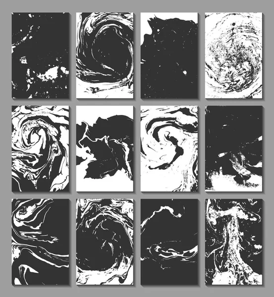 Marmering, ebru, suminagashi. Set van kaarten met textuur, het effect van de inkt op het water. Abstracte achtergrond. Ontwerp van kaarten. Vectorillustratie. — Stockvector
