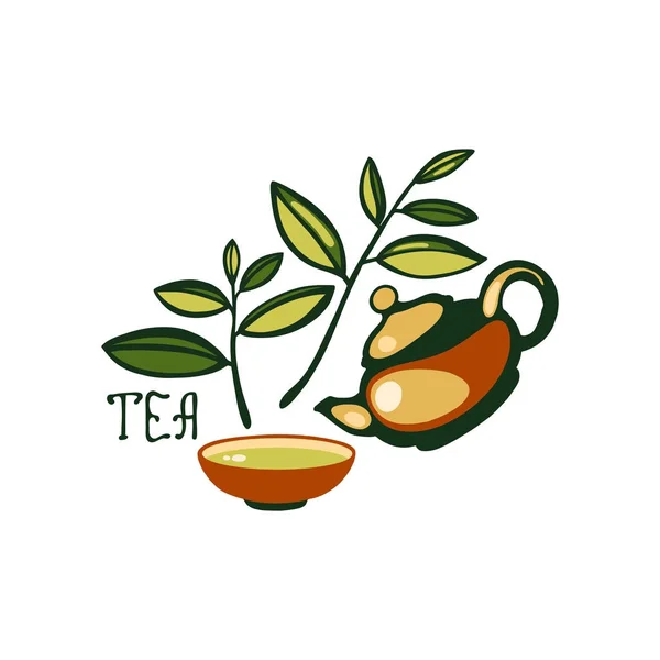 Emblem med teblad, Tekanna, kopp, bokstäver ”te”. Vektorillustration. — Stock vektor