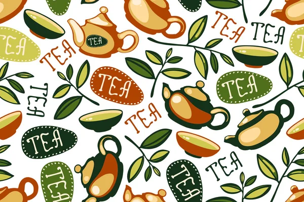 Бесшовный узор с чайными листьями, чайниками, чашками, позволяя "Чай". Векторная иллюстрация . — стоковый вектор