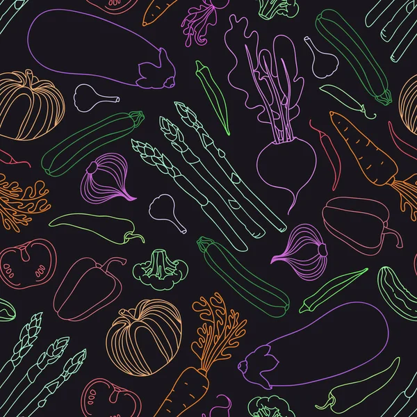 Patrón sin costura con verduras. Menú vegetariano. Berenjena, tomate, remolacha, guisantes, pimienta, calabacín, rábano, pepino, brócoli, ajo, cebolla, zanahorias, okra, espárragos. Ilustración vectorial . — Archivo Imágenes Vectoriales