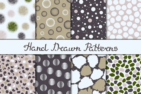 Set of eight seamless textures. Patterns with spheres, round and oval elements and spots. Abstract forms drawn a wide pen and ink. Backgrounds in white, green, gray, beige, pink. Hand drawn. — Stock Vector