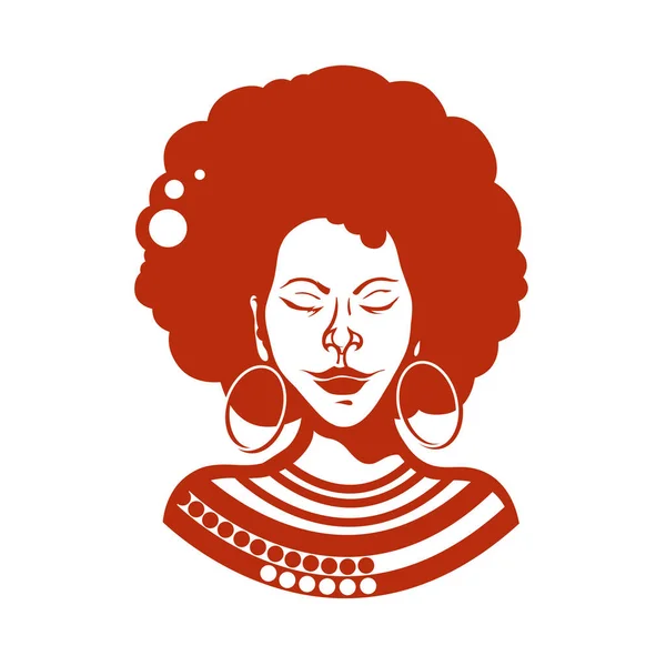 Porträtt av en afrikansk flicka med slutna ögon. Frisyr, lockigt hår av medellängd. Traditionella ornament. Vektorillustration. — Stock vektor