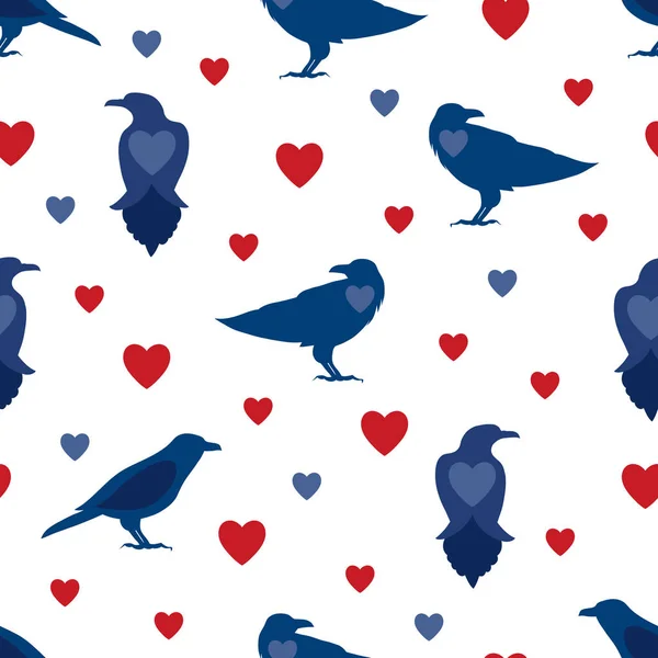 Modèle sans couture avec des corbeaux et des symboles de coeur en bleu et rouge sur un fond blanc. Illustration vectorielle . — Image vectorielle