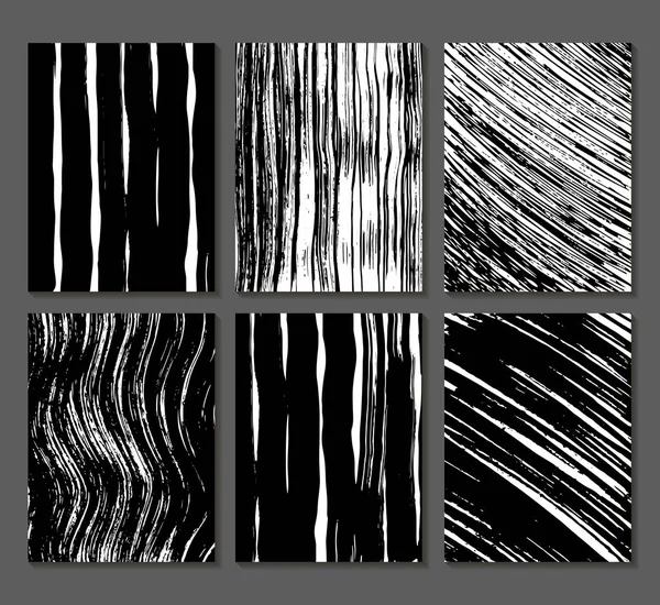 Set de 6 texturas. Líneas, bandas, ondas. Formas abstractas dibujadas en tinta. Fondos en blanco y negro. Mano dibujada. Ilustración vectorial . — Archivo Imágenes Vectoriales