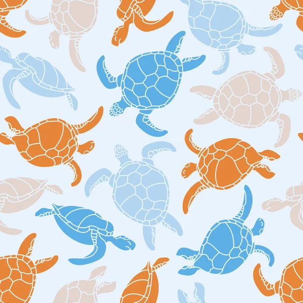 Cheloniidae. Naadloze patroon met schildpadden. Silhouet. Dierenwereld onder water. Oceaan. Vectorillustratie. — Stockvector