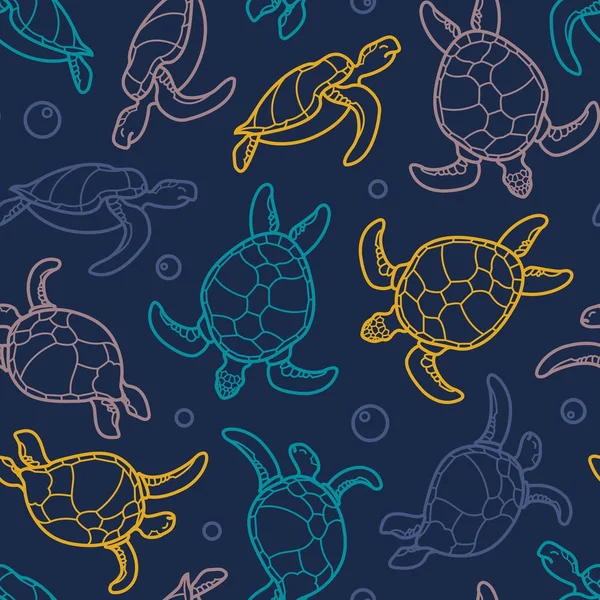 Cheloniidae. Naadloze patroon met schildpadden. Lineaire afbeeldingen. Dierenwereld onder water. Oceaan. Vectorillustratie. — Stockvector
