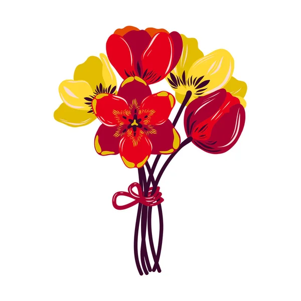 Tulipanes. Bouquet. Flores rojas y amarillas en una cinta. Regalo de vacaciones . — Vector de stock