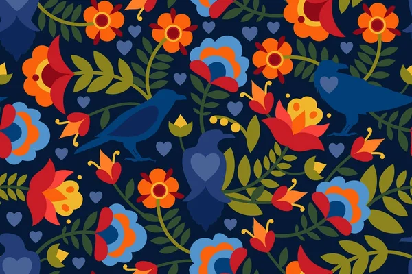 Padrão sem costura com corvo, símbolos do coração e flores. Fundo com formas planas nas cores azul, verde, vermelho, laranja e amarelo. Textura em estilo etno. Ilustração vetorial . —  Vetores de Stock