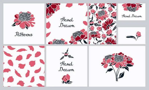 Corporate identity. Set of cards, seamless patterns, business cards. Peony flowers. Vector illustration. — Stock Vector