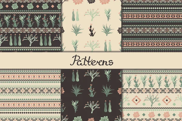 Ensemble de motifs sans couture avec des formes géométriques, succulents et cactus. Illustration vectorielle . — Image vectorielle