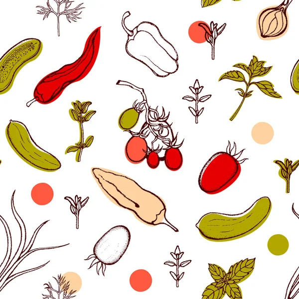 Απρόσκοπτη μοτίβο με ντομάτες, πιπεριές, κρεμμύδια, αγγούρια, βασιλικό, άνηθο, θυμάρι. Φόντο με λαχανικά και πικάντικη βότανα. Χέρι. Εικονογράφηση διάνυσμα. — Διανυσματικό Αρχείο