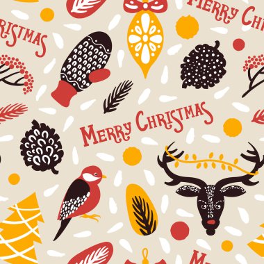 Mutlu Noeller. Lettingering, eldivenler, geyik, kar taneleri, bir kuş, çilek, koniler, Ladin ile Seamless modeli. Vektör çizim.
