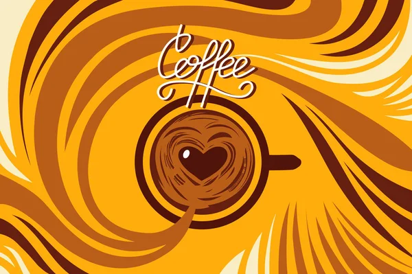 Xícara de café quente com vapor. O cartaz com o objecto e as letras. Ilustração vetorial . — Vetor de Stock