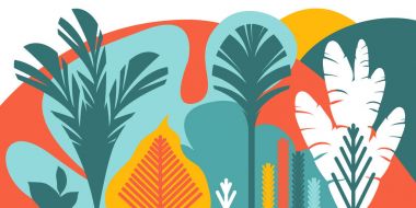 Trees are broad-leaved tropical, ferns. Flat style. Preservation of the environment, forests. Park, outdoor. Vector illustration. clipart