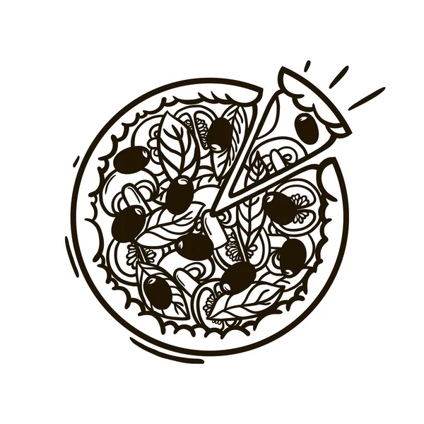 Pizza met paddestoelen champignons, tomaten, basilicum en olijven. Fast food. Italiaanse schotel. Vectorillustratie. — Stockvector