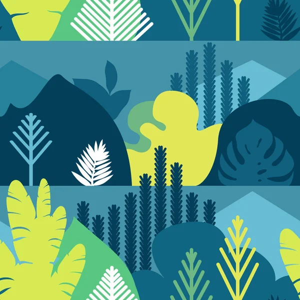 Patrón sin costuras. Los árboles son tropicales de hoja ancha, helechos. Paisaje de montaña. Estilo plano. Conservación del medio ambiente, bosques. Parque, al aire libre. Ilustración vectorial . — Vector de stock