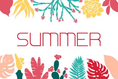 -Oyun kağıdı, davet, kaktüsler, succulents ve tropikal yaprak afiş. Mammilia, inciri, haworthia, hathira, aloe, palm, monstera, ebegümeci. Vektör çizim.