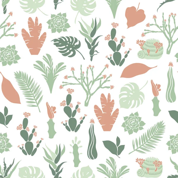 Patrón sin costuras con cactus, suculentas y hojas tropicales. Mammilia, pera espinosa, haworthia, hathira, aloe, palmera, monstera, hibisco. Ilustración vectorial . — Vector de stock