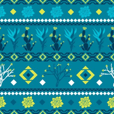 Sempervivum, Haworthia, Opuntia, Hatiora. Dikişsiz desen kaktüsler, succulents ve geometrik şekiller bir rhombus, üçgen şeklinde. Vektör çizim.