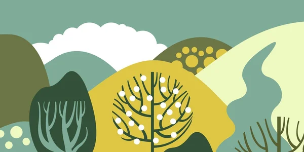 Árboles de hoja ancha en un estilo plano. Bosque de primavera con colinas. Conservación del medio ambiente, bosques. Parque, al aire libre. Ilustración vectorial . — Vector de stock