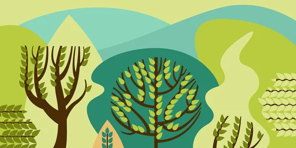 Árboles de hoja ancha en un estilo plano. Bosque de primavera con colinas. Conservación del medio ambiente, bosques. Parque, al aire libre. Ilustración vectorial . — Vector de stock