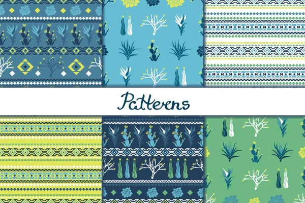 Set of seamless patterns with geometric shapes, succulents and cacti. Vector illustration. — Stock Vector