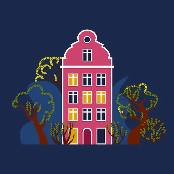 Casa di notte con una finestra splendente tra alberi e cespugli. Ambiente urbano europeo. Illustrazione vettoriale . — Vettoriale Stock