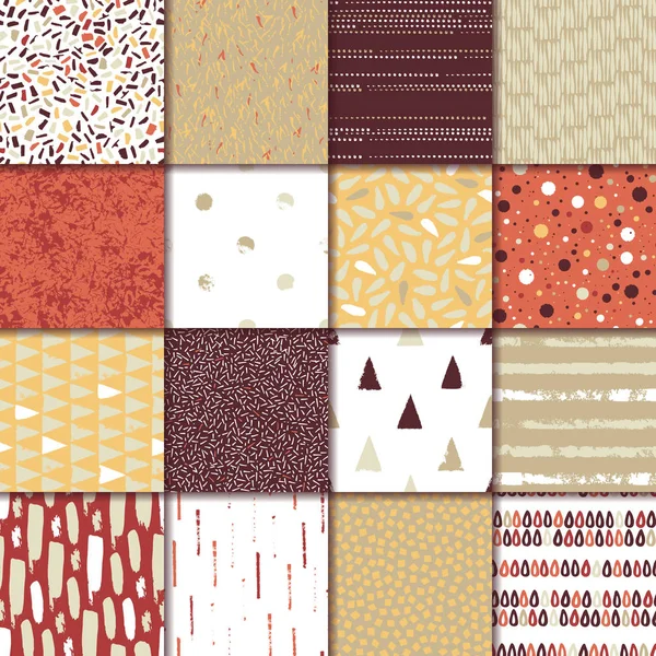 16 kesintisiz doku kümesi. Damla, noktalar, çizgiler, çizgiler, daireler, üçgenler, dikdörtgenler. Soyut formların bir geniş kalem ve mürekkep çizilmiş. Arka plan bej, kırmızı, sarı, şarap gibi. Vektör çizim.
