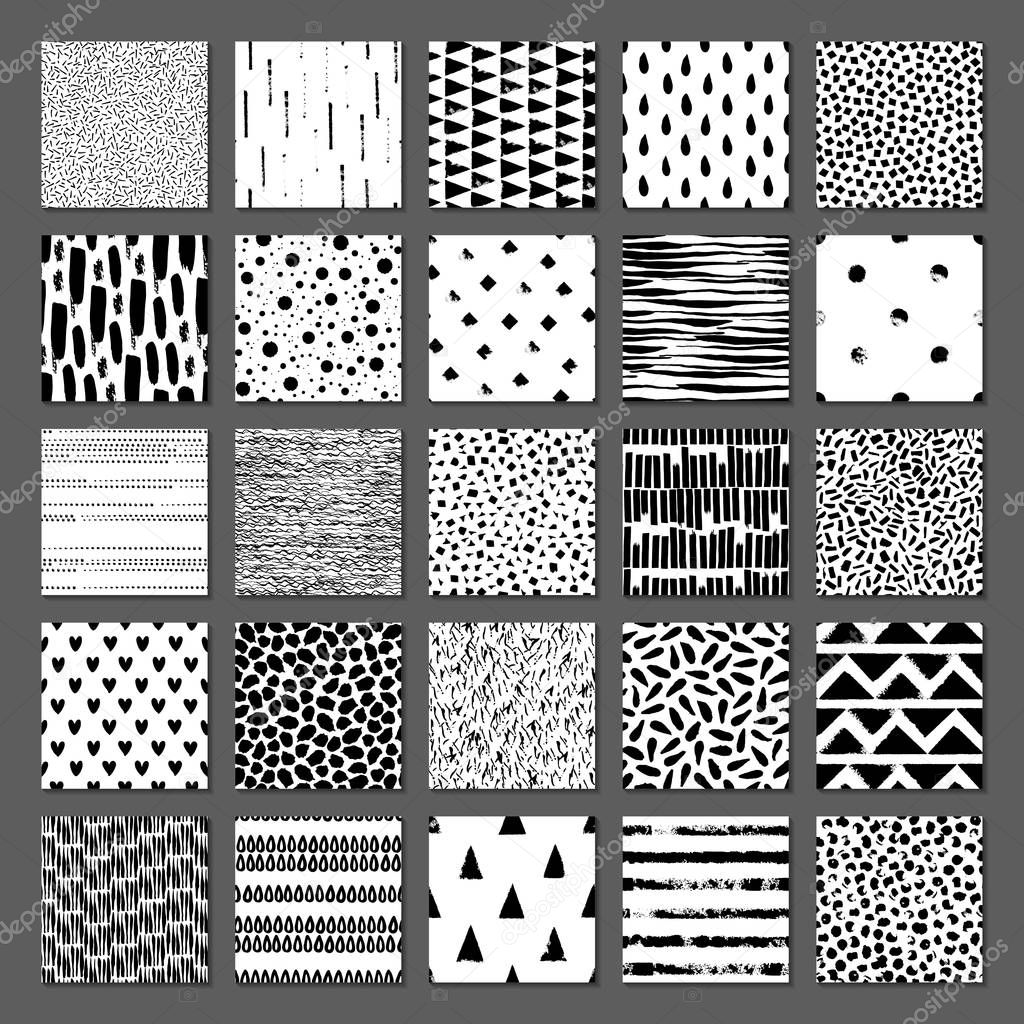 Set of 25 seamless texture. Drops, points, lines, stripes, circles, triangles, rectangles. Abstract forms drawn a wide pen and ink. Backgrounds in black and white. Hand drawn. Vector illustration.