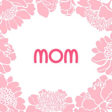 Kart anne günü için. Şakayık çiçekleri pembe çerçeve yaptı. Düz stil. Vektör çizim.