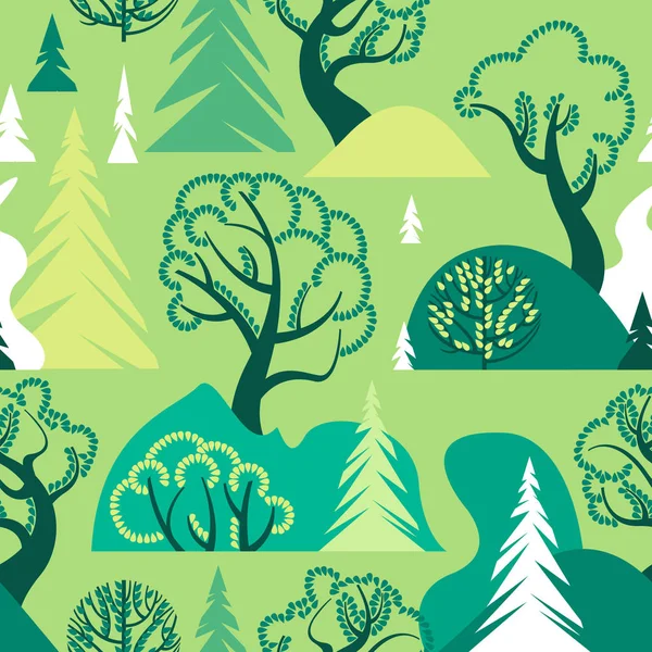 Día Mundial del Medio Ambiente. Día de la Tierra. El día del bosque. Fondo ecológico. Un patrón sin costuras con árboles de hoja caduca y coníferas, colinas y arbustos. Ilustración vectorial . — Vector de stock