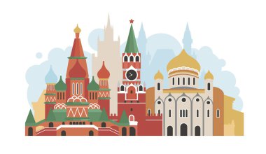 Rusya, Moskova şehri. Şehrin mimarisi işte. Spasskaya Kulesi, Kurtarıcı İsa Katedrali, St. Basil Katedrali, Bolşoy Tiyatrosu, Moskova Devlet Üniversitesi. Tarihi mimari. Vektör illüstrasyonu.