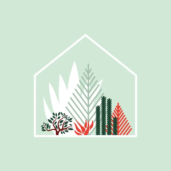 Kas met cactussen, vetplanten en palmbomen. Tropisch huis voor planten. Vector illustratie. — Stockvector