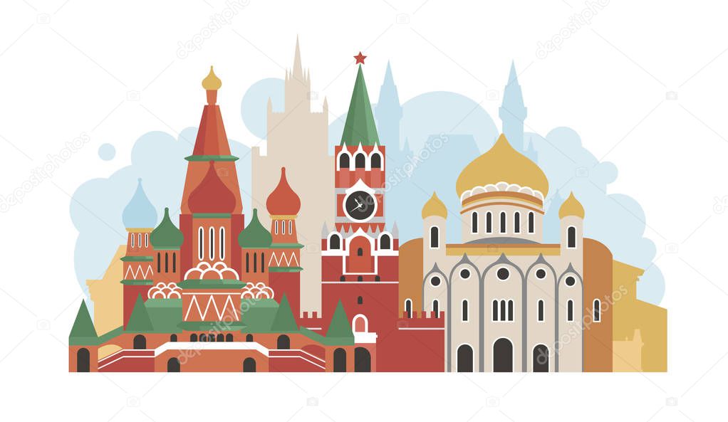 Russia, the city of Moscow. The architecture of the city. Spasskaya Tower, Cathedral of Christ the Savior, St. Basil's Cathedral, Bolshoi Theater, Moscow State University. Historic architecture. Vector illustration.
