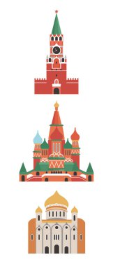 Rusya, Moskova şehri. Şehrin mimarisi işte. Spasskaya Kulesi, Kurtarıcı İsa Katedrali, St. Basil Katedrali. Tarihi mimari. Vektör illüstrasyonu.