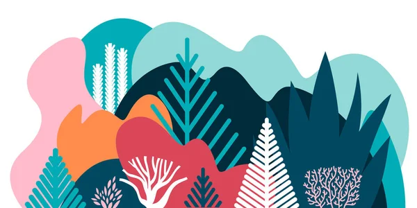 Kaart, banner, uitnodiging met winterlandschap, planten, bomen, heuvels. Milieubehoud, ecologie. Natuurparken, toerisme. Vlakke stijl. Vectorillustratie. Vectorbeelden