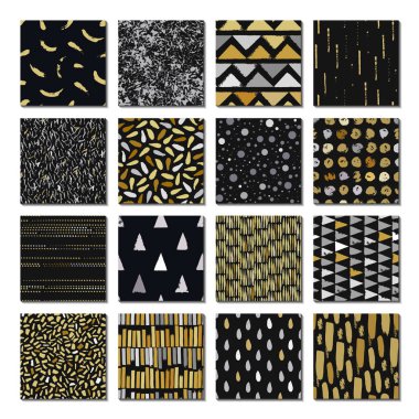 Mutlu noeller. Altın ve gümüş rengi. 16 tane pürüzsüz doku. Damlalar, noktalar, çizgiler, çizgiler, daireler, kareler, dikdörtgenler. Soyut formlar geniş bir kalem ve mürekkep çizdi. El çizimi. Vektör illüstrasyonu.