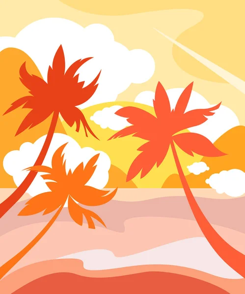 Aan wal met palmbomen tegen de achtergrond van de oceaan en de ondergaande zon. Tropisch landschap, toerisme. Vectorillustratie. Rechtenvrije Stockvectors
